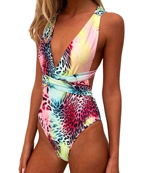 Sets Women's Padded One Piece Monokini Swimsuit Leopard Snakeskin Printed Bathing Suit with Cover Up Onepiece f rose Red - C7...