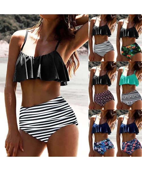 One-Pieces Swimsuit for Women Two Piece Retro Halter Ruched High Waist Print Bikini Set Swimwear Beach Bathing Suits Y g Blue...