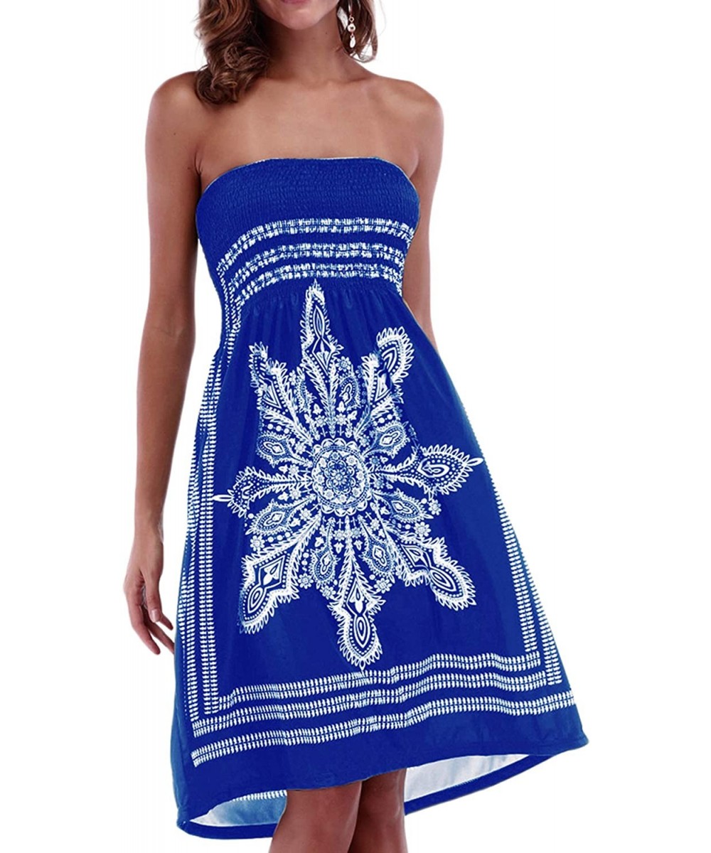 Cover-Ups Women's Strapless Floral Bohemian Casual Mini Beach Dress Cover-ups Dress - Sapphire - C7183UUQ85L