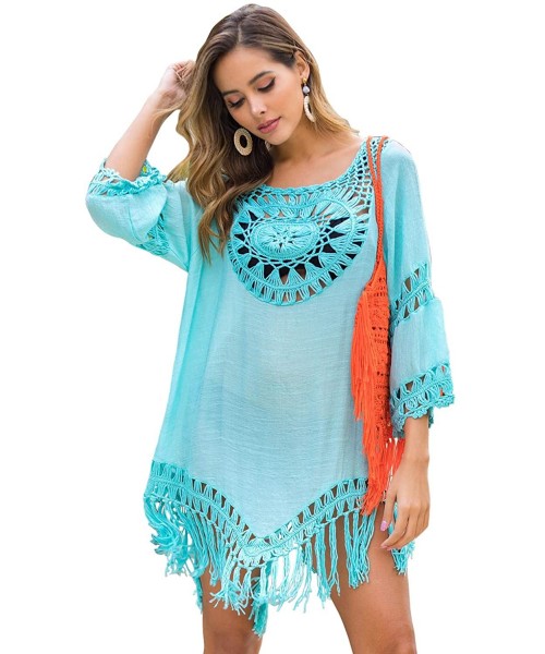 Cover-Ups Women's 3/4 Sleeve Hollow Out Crotch Tassel Irregular Smock Beach Cover Up - Turquoise - CO19DW0R0DO