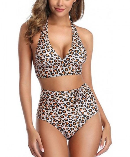 One-Pieces Plus Size Swimsuits for Women- Womens Leopard Print Two Pieces Bathing Suit Top with High Waisted Bottom Bikini Se...