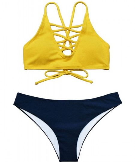 Tankinis Women Strappy Bikini Set High Waisted Beach Bathing Suit - Yellow - CV1943I78DE