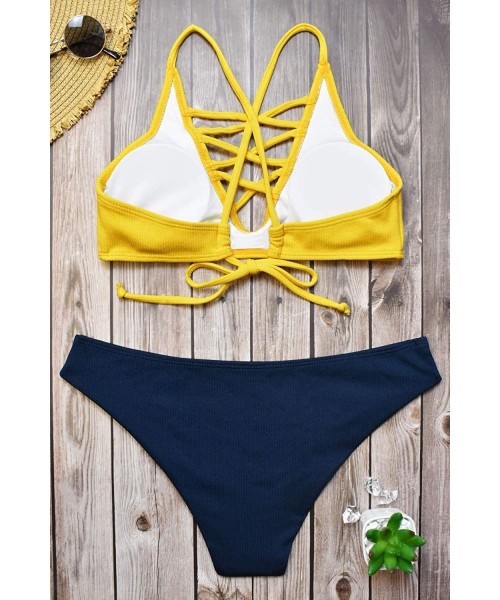 Tankinis Women Strappy Bikini Set High Waisted Beach Bathing Suit - Yellow - CV1943I78DE