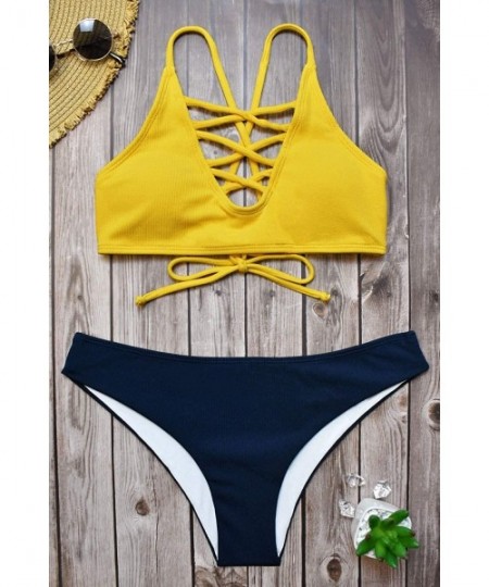 Tankinis Women Strappy Bikini Set High Waisted Beach Bathing Suit - Yellow - CV1943I78DE