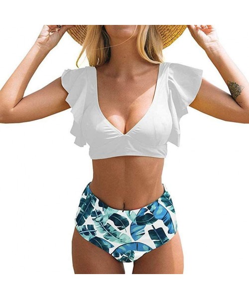 Sets Women's Swimsuit Retro Floral High Waisted Shirred Bikini Set 2 Piece Bathing Suits Push Up Ruffle Top Swimwear 1 white ...