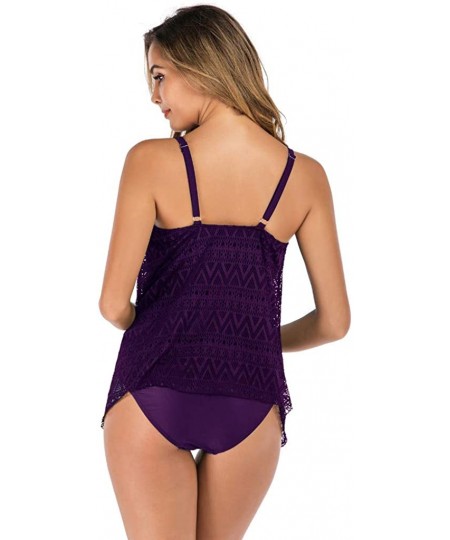 Sets Women's Two Piece Tankini Padded Swimsuit Monokini Push Up Lace Bikini Set Bathing Suit Swimwear Beachwear Purple - CN19...