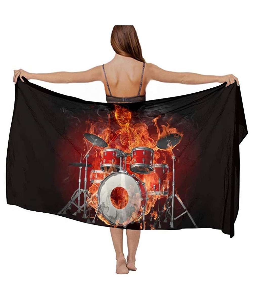 Cover-Ups Women Chiffon Scarf Summer Beach Wrap Skirt Swimwear Bikini Cover-up - Fire Flame Skull Skeleton Rock Drum Black - ...