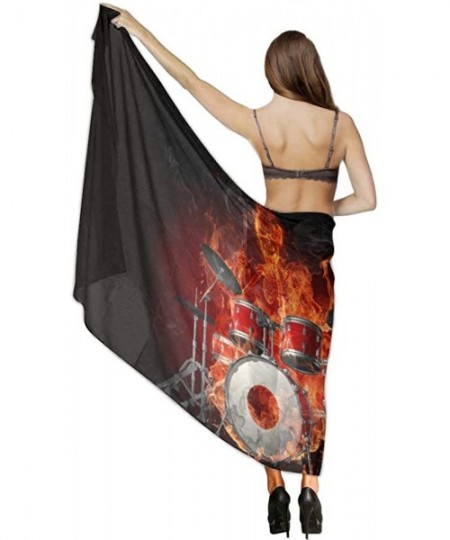 Cover-Ups Women Chiffon Scarf Summer Beach Wrap Skirt Swimwear Bikini Cover-up - Fire Flame Skull Skeleton Rock Drum Black - ...