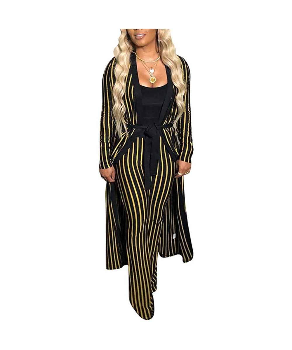 Cover-Ups Womens 2 Piece Print Outfits Clubwear Long Sleeve Open Cardigan Pants Set - Yellow Stripe - CR18YCWY5GI