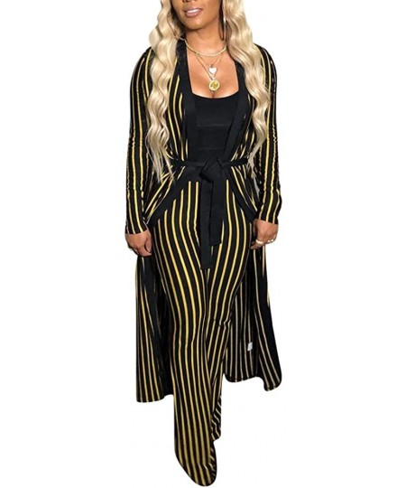 Cover-Ups Womens 2 Piece Print Outfits Clubwear Long Sleeve Open Cardigan Pants Set - Yellow Stripe - CR18YCWY5GI