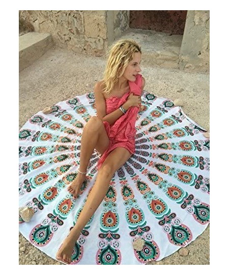 Cover-Ups Women Hawaii Vacation Boho Beach Towel Hippy Gypsy Round Tablecloth Yoga Mat Beach Shawl-WhiteGreen - Whitegreen - ...