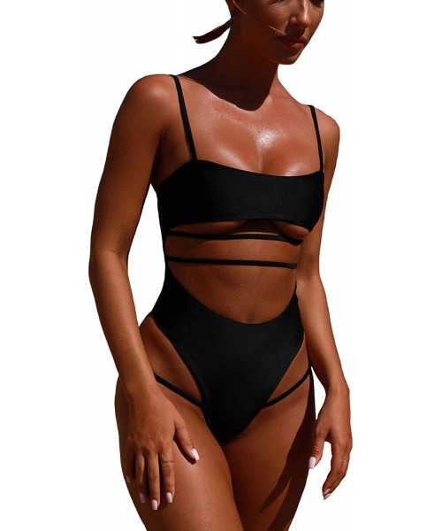 Sets Women High Waisted Thong Bikini One Piece Tummy Control Strappy Cutout Swimsuit (1P-Bikini-0133- L) - CJ18U33WC7L