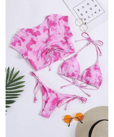 Sets Women's 3 Piece Tie Dye Cinched String Triangle Reversible Bottom Bikini Sets Swimsuits - Pink - C319CSUL3I3