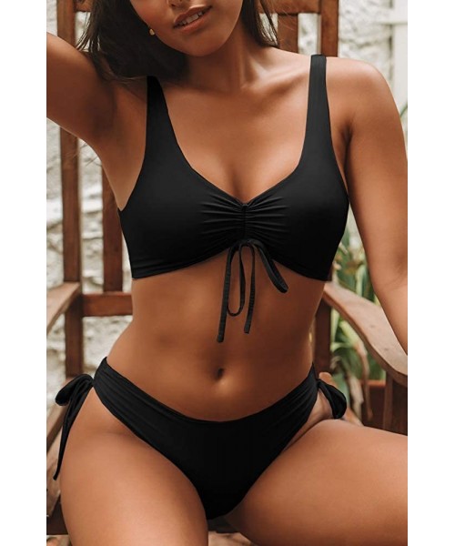 Sets Womens V Neck Tie Knot Front Two Piece Swimsuit Ruched Solid Color Drawstring Bikini Push Up Cheeky Bathing Suit Black -...