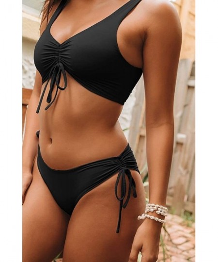 Sets Womens V Neck Tie Knot Front Two Piece Swimsuit Ruched Solid Color Drawstring Bikini Push Up Cheeky Bathing Suit Black -...