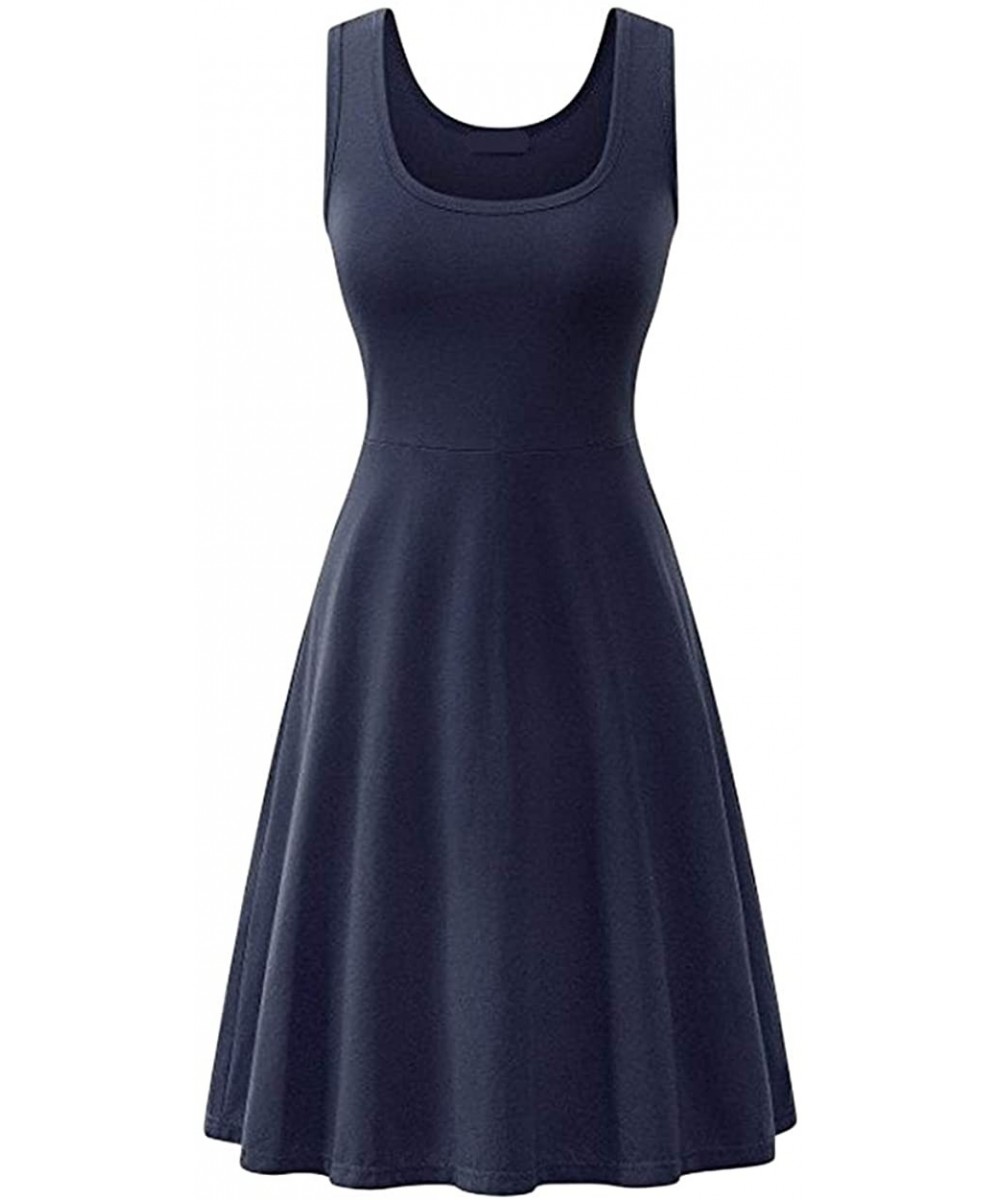 Cover-Ups Women's Summer Sleeveless Casual Dress A-Line Swing Tank Dress Midi Skater Dress - Navy Blue - CA199MXK6KO