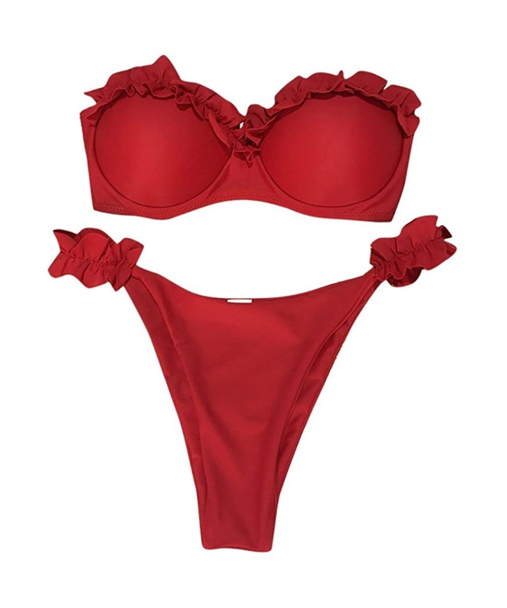 Sets Sexy Bikinis Set Ruffles Women Solid Bandage Tankini Set Brazilian Swimwear - Red - CJ19C6ZE25X