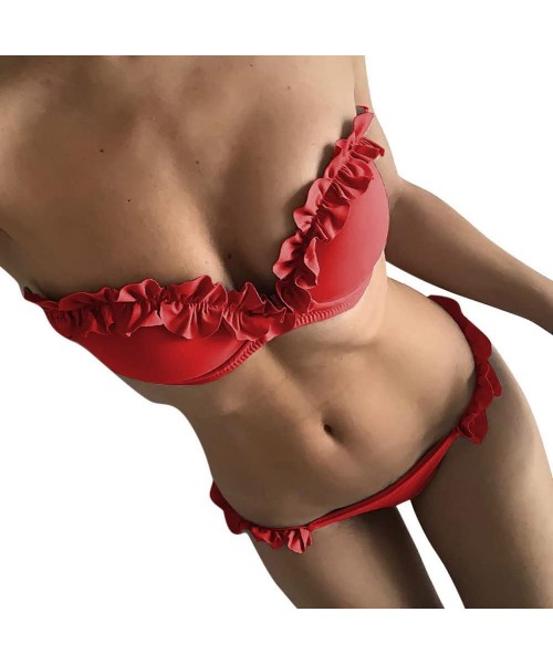 Sets Sexy Bikinis Set Ruffles Women Solid Bandage Tankini Set Brazilian Swimwear - Red - CJ19C6ZE25X