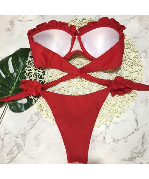 Sets Sexy Bikinis Set Ruffles Women Solid Bandage Tankini Set Brazilian Swimwear - Red - CJ19C6ZE25X