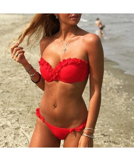 Sets Sexy Bikinis Set Ruffles Women Solid Bandage Tankini Set Brazilian Swimwear - Red - CJ19C6ZE25X