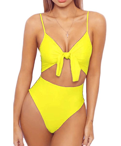 One-Pieces Womens Spaghetti Strap Tie Knot Front Cutout High Cut One Piece Swimsuit - Bright Yellow - CF18GODYE3E