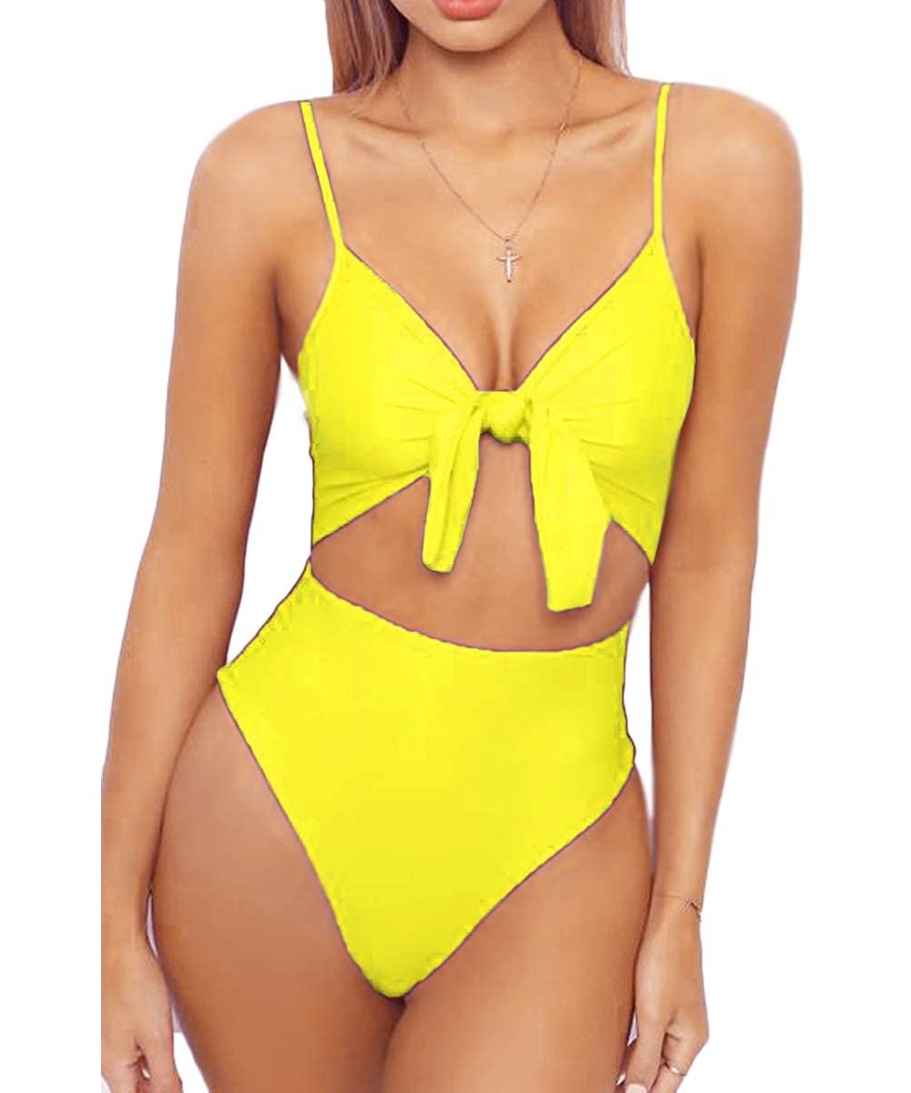 One-Pieces Womens Spaghetti Strap Tie Knot Front Cutout High Cut One Piece Swimsuit - Bright Yellow - CF18GODYE3E