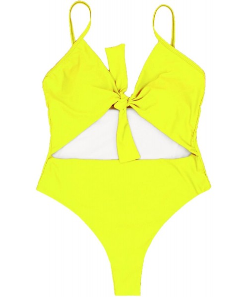 One-Pieces Womens Spaghetti Strap Tie Knot Front Cutout High Cut One Piece Swimsuit - Bright Yellow - CF18GODYE3E