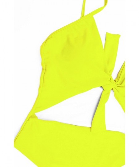 One-Pieces Womens Spaghetti Strap Tie Knot Front Cutout High Cut One Piece Swimsuit - Bright Yellow - CF18GODYE3E