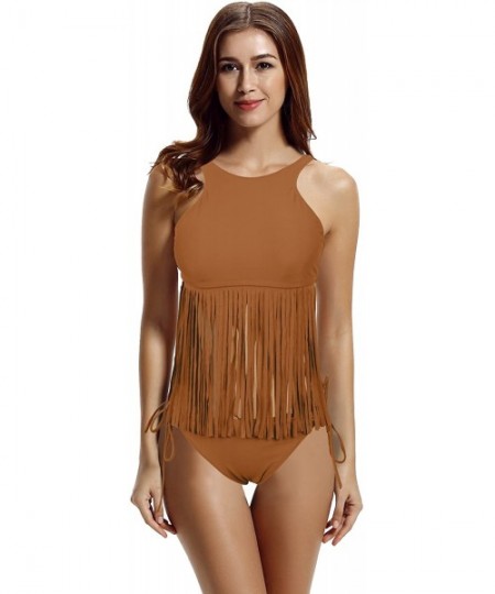 Tankinis Women's High Neck Fringe Tankini Swimsuits - Kona Coffee - CK12I7AUH8F