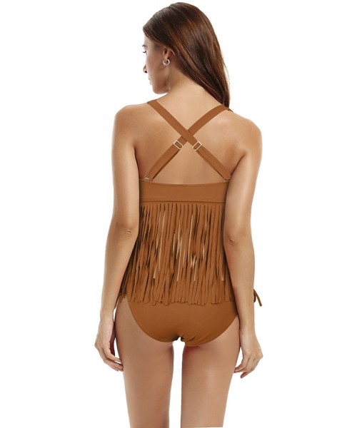 Tankinis Women's High Neck Fringe Tankini Swimsuits - Kona Coffee - CK12I7AUH8F