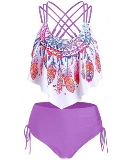 Tops Two Piece Swimsuits for Women - Overlay Print Flowy Tankini Crisscross Tankini Swimwear Plus Size Bathing Suits - Purple...