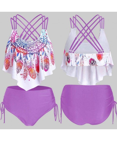 Tops Two Piece Swimsuits for Women - Overlay Print Flowy Tankini Crisscross Tankini Swimwear Plus Size Bathing Suits - Purple...