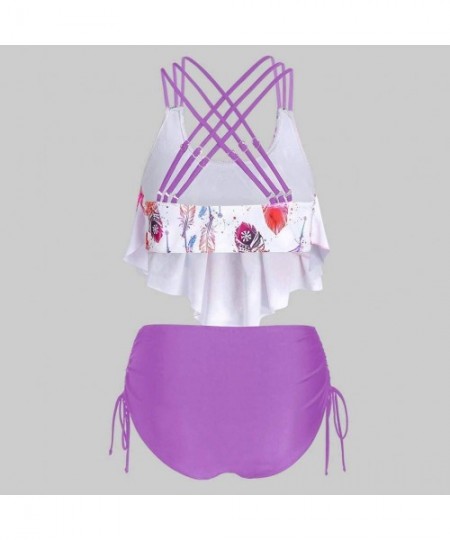 Tops Two Piece Swimsuits for Women - Overlay Print Flowy Tankini Crisscross Tankini Swimwear Plus Size Bathing Suits - Purple...