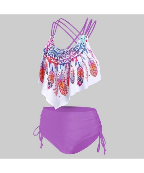 Tops Two Piece Swimsuits for Women - Overlay Print Flowy Tankini Crisscross Tankini Swimwear Plus Size Bathing Suits - Purple...