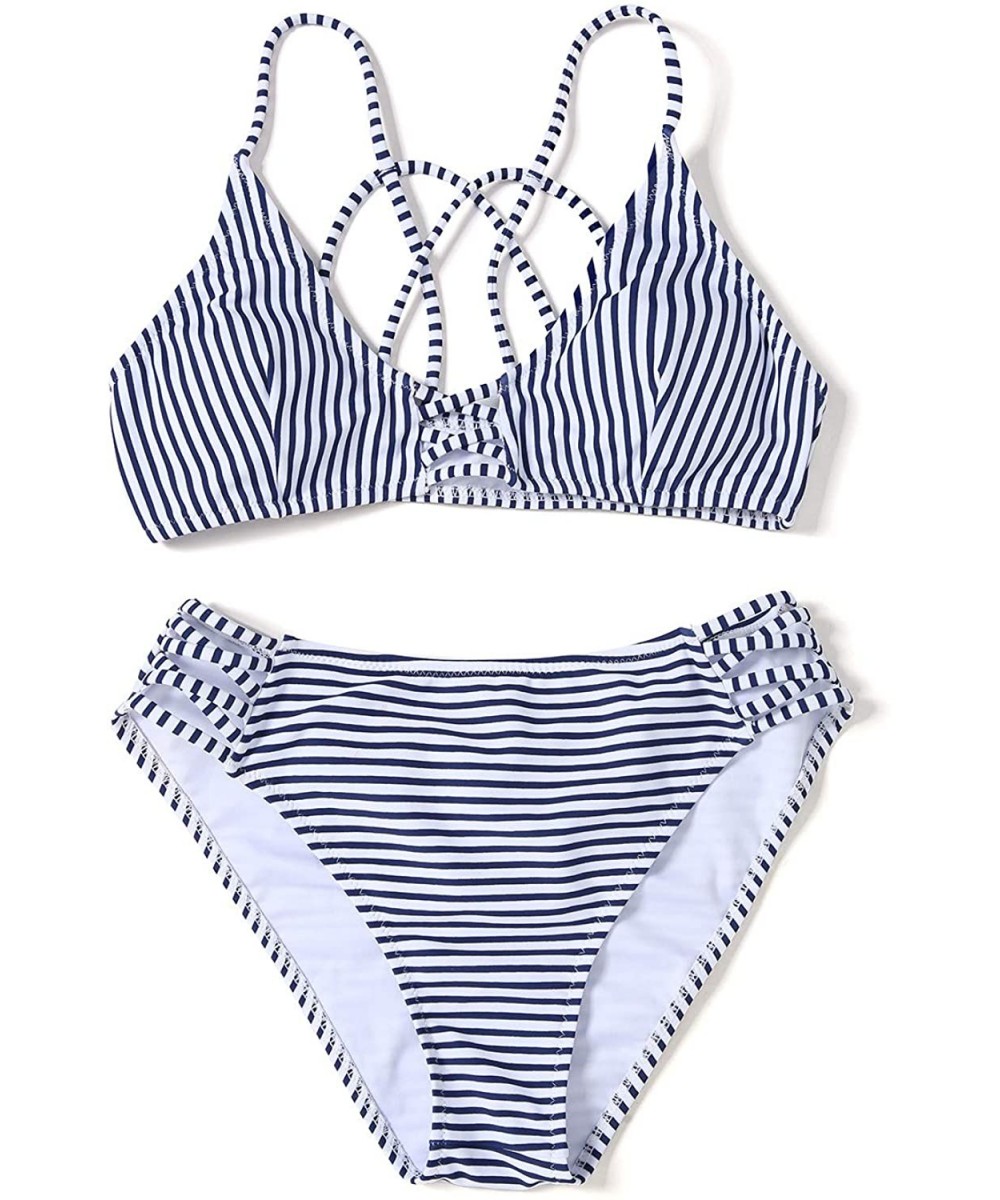 Sets Womens Blue White Striped Bikini Swimsuit Two Piece Strappy Cross Push Up Bikini Swimwear Bathing Suit Bikini Set Strip ...