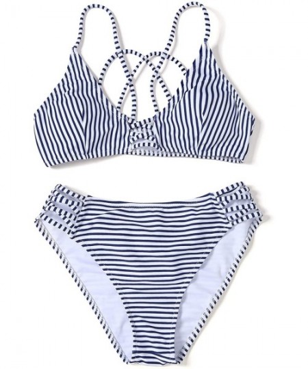 Sets Womens Blue White Striped Bikini Swimsuit Two Piece Strappy Cross Push Up Bikini Swimwear Bathing Suit Bikini Set Strip ...