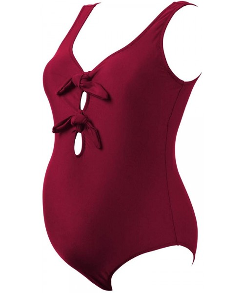 One-Pieces One Piece Maternity Swimsuit Tie Knot Front Swimwear Cutout Beachwear - Wine - CI18T5IC3ZR