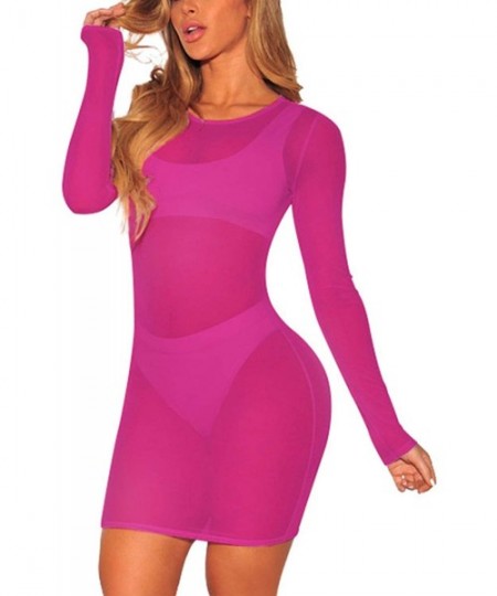 Cover-Ups Women's Sexy See Through Mesh Long Sleeve Beach Cover Up Dress - Purple - C919C2O7HK9