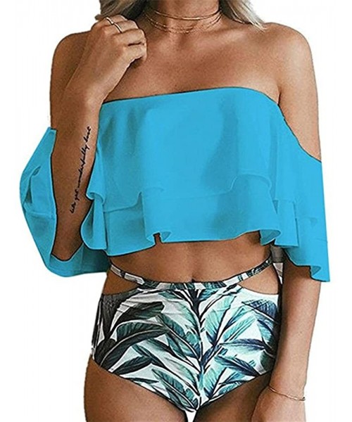 Sets Womens Swimsuits Off Shoulder Ruffled Flounce Crop Bikini Top Two Pieces High Waist Bathing Suits - 1-blue - C7182LEE2DT