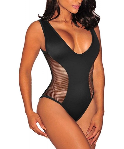 One-Pieces Women's Mesh Spice V-Neck High Cut Padded One-Piece Swimsuit Monokini - Black - CS18QQ35K76