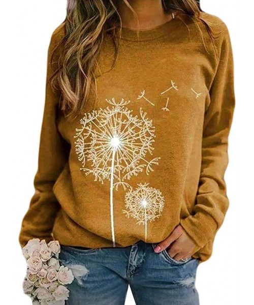 Rash Guards Women Casual Multi Colour O-Neck Dandelions Print Blouse Tops Long Sleeve Sweatshirt - Yellow - CL19E4Y306S