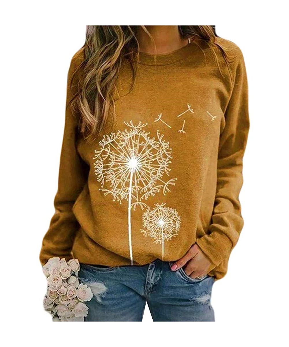 Rash Guards Women Casual Multi Colour O-Neck Dandelions Print Blouse Tops Long Sleeve Sweatshirt - Yellow - CL19E4Y306S