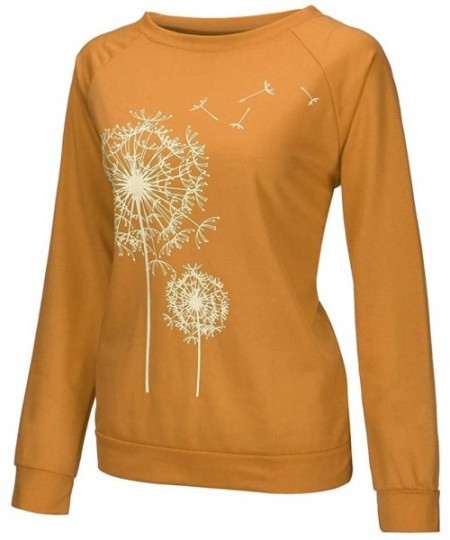 Rash Guards Women Casual Multi Colour O-Neck Dandelions Print Blouse Tops Long Sleeve Sweatshirt - Yellow - CL19E4Y306S