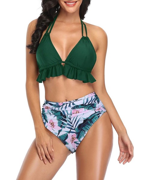 Sets Women High Waisted Bikini Flounce Two Piece Swimsuits V Neck Printed Bathing Suit - Green - CZ1987YQE3Z