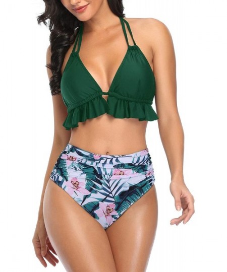 Sets Women High Waisted Bikini Flounce Two Piece Swimsuits V Neck Printed Bathing Suit - Green - CZ1987YQE3Z