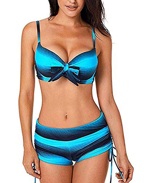 Sets Floral Print Women's Tankini Swimwear Bandeau Padded Bikini Set Two Piece Swimsuits Shorts - S-blue - CV18DWWZLYG