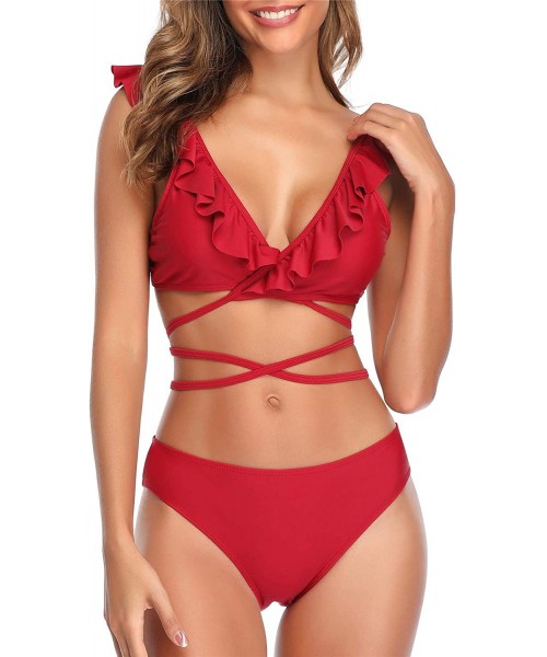 Sets Womens Sexy Criss Cross Bikini Set Two Piece Ruffles Swimsuits - Red - C118Z8XMQHK