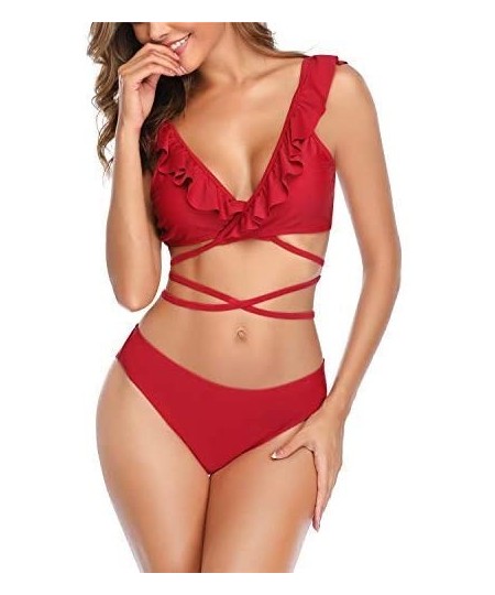 Sets Womens Sexy Criss Cross Bikini Set Two Piece Ruffles Swimsuits - Red - C118Z8XMQHK