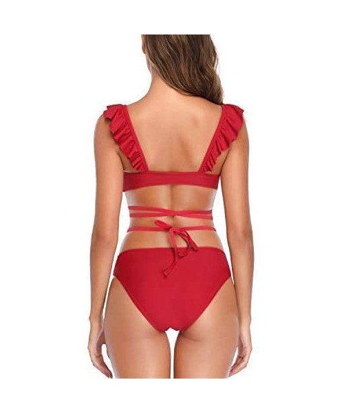 Sets Womens Sexy Criss Cross Bikini Set Two Piece Ruffles Swimsuits - Red - C118Z8XMQHK