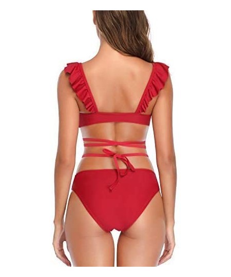 Sets Womens Sexy Criss Cross Bikini Set Two Piece Ruffles Swimsuits - Red - C118Z8XMQHK